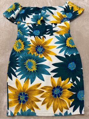 Off-Shoulder Floral Bodycon Dress in Yellow & Teal